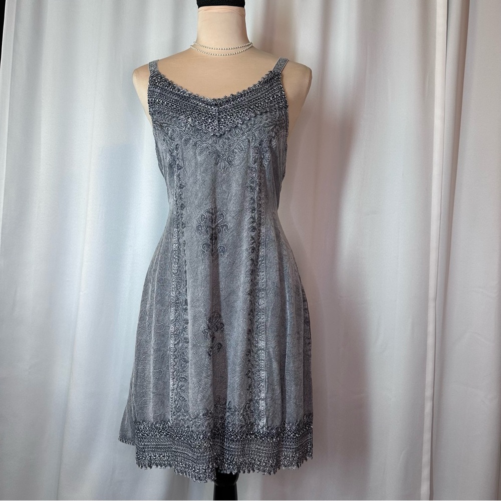 Vintage 90s ADVANCE APPARELS Sun Dress Sz S/M Boho Embroidered Gray Tie Waist